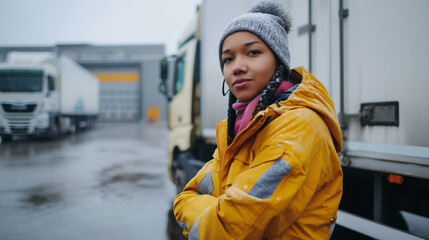 Obraz premium Truck driver woman in jacket standing in industrial warehouse area.