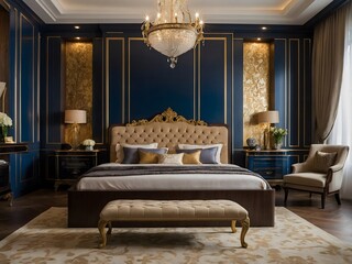 A bedroom designed with a bed, cauch ,lamp and blue wall gorgeous bedroom 