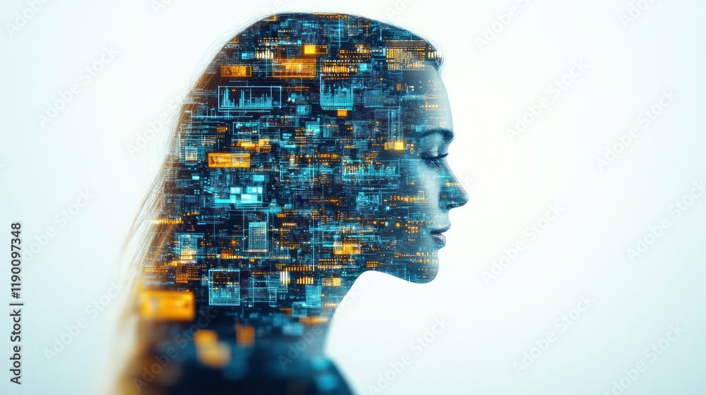 Poster Human Profile Merged with Technology and Data Visualizations