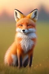 Obraz premium Curious Red Fox in Golden Sunrise Amid Dewy Grass