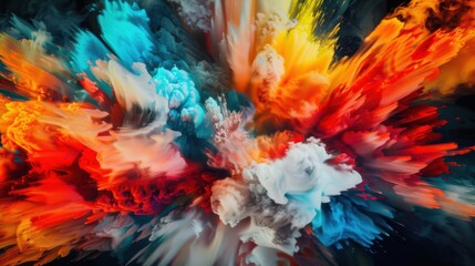 a explosion of vivid abstract forms pulsating with vibrant energy, surrounded by a spacious white area for text, bold and dynamic hues against a dark