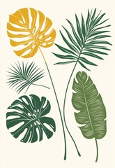 Fototapeta premium Boho Tropical Decor â€“ Collection of abstract monstera and palm leaves in green, beige, and yellow, with organic lines and a bohemian style.