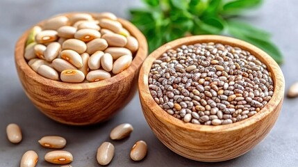 Fototapeta premium Varieties of Seeds in Wooden Bowls with Green Leaves Background
