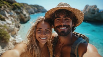 happy young couple taking selfie on the road on a sunny day travel and adventure concept