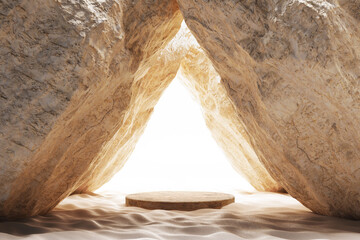 Large cavern white rock sand stone rough surface cave wall and sand light shadow platform product display advertisement skincare stand background entrance archway stone strong nature. 3D illustration.