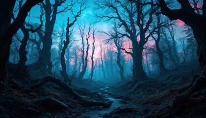 Enchanting and Mysterious Foggy Forest at Dawn