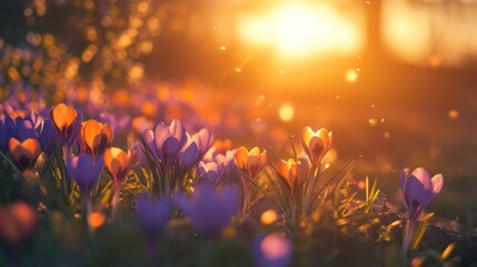 Sunset Crocus Meadow, Spring Bloom, Golden Hour