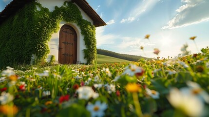 A charming white cottage enveloped in lush greenery, set against a picturesque landscape dotted with colorful wildflowers under a clear blue sky.