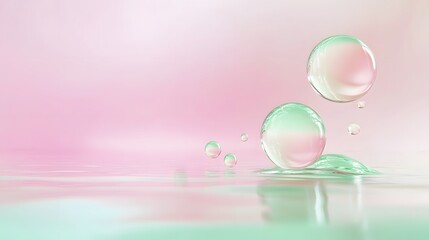 Tranquil Soft Pink and Green Scene with Floating Bubbles Reflecting Light in a Dreamy Oil Painting Style