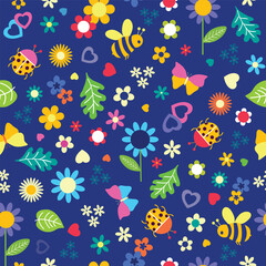 Navy Repeat Cute Floral and Bug Pattern