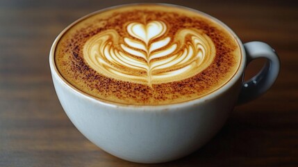 Intricate Latte Art in a Ceramic Mug on Wooden Table