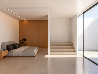 Obraz premium Stylish modern bedroom with minimalist design and natural lighting in a spacious interior space