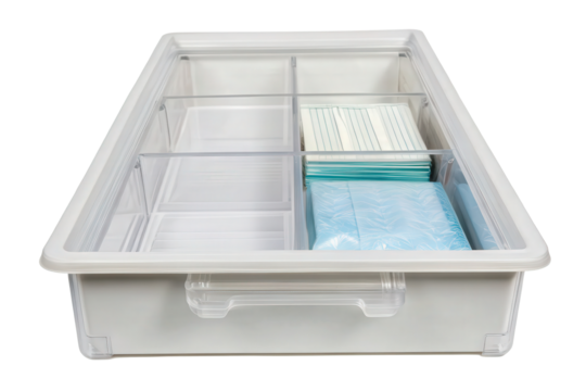 Clear plastic storage bin with dividers isolated with transparent background