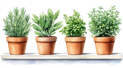 Fototapeta premium Fresh Green Herbs in Terracotta Pots on Wooden Shelf Display