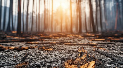 Wildfire Forest Damage Concept, Charred Remains of a Forest Floor Covered in Ash with Sunlight Filtering Through the Trees at Dusk