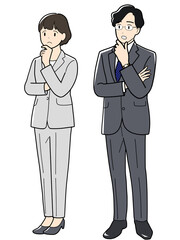 腕組みして考える若いビジネスマンとビジネスウーマン