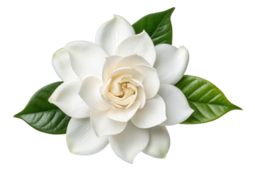 White gardenia flower with green leaves isolated with transparent background