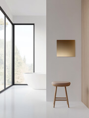 Fototapeta premium Modern bathroom interior featuring large windows and minimalist design elements