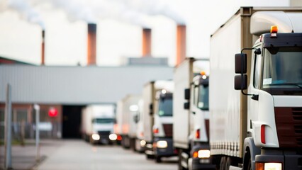 Fototapeta premium Industrial Truck Fleet: Soft-focus image of cargo trucks outside a factory. 