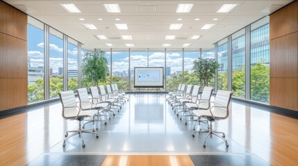 Modern Conference Room with Large Windows and Projector Screen