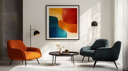 Vibrant and Colorful Interior Mockup Featuring Modern Furniture, Stylish Wall Art, and Inviting Atmosphere for Contemporary Living Spaces