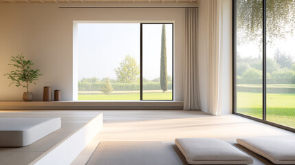 Fototapeta premium Modern interior space with tranquil view of green outdoors and minimalist decor