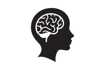 Human head profile with brain symbol, black icon vector illustration 