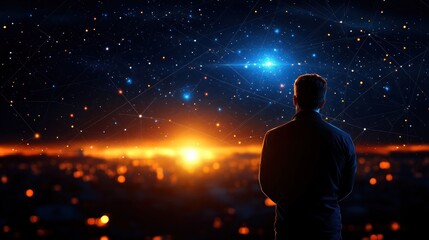 Naklejka premium Man Gazing at Starry Sky with City Lights at Dusk Blur Background