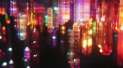 Obraz premium Abstract view of decorative lights reflecting on glass, creating colorful patterns against a black background