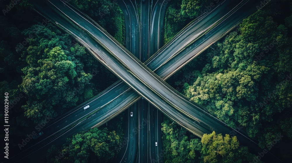 Poster aerial view of a multi-layered highway interchange with bridges and ramps forming a symmetrical netw