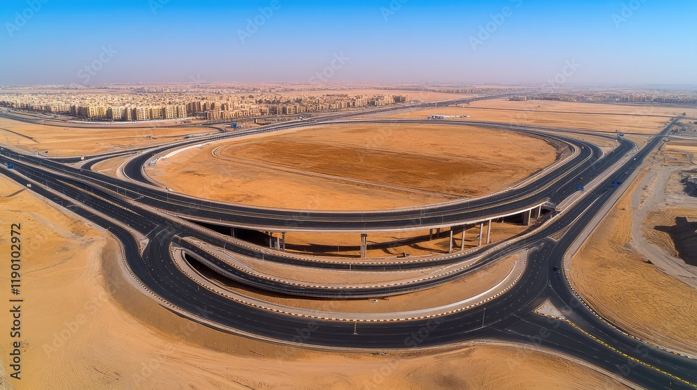 Poster aerial view of a multi-layered highway interchange with bridges and ramps forming a symmetrical netw
