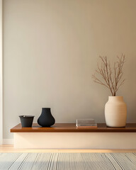 Fototapeta premium Minimalist home decor with vases and branches on wooden shelf in modern interior space