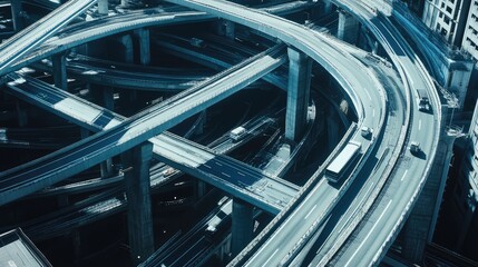 Obraz premium Aerial view of a sprawling urban highway intersection network with multiple ramps and flyovers creating a futuristic tone