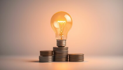 Glowing vintage light bulb, stacks of copper coins, minimalist composition, soft gray background, concept of financial innovation, energy costs, warm orange light