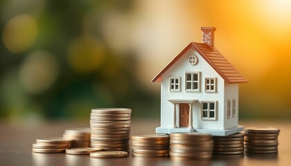 Miniature house model, Stacks of coins, Wooden table, Soft focus background, Warm lighting, Real estate investment concept, Savings and mortgage illustration, Bokeh effect