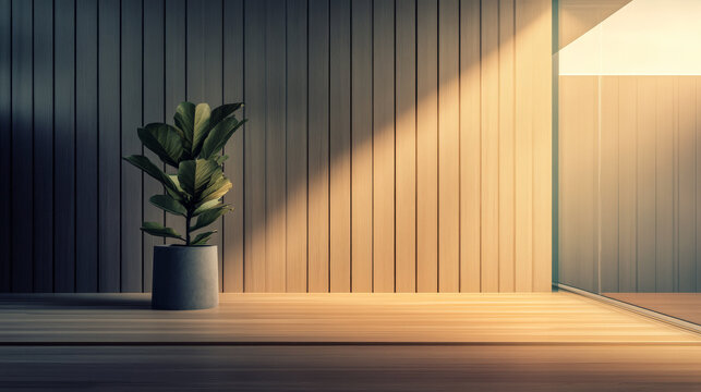 Modern interior design featuring a potted plant illuminated by natural light in a minimal space