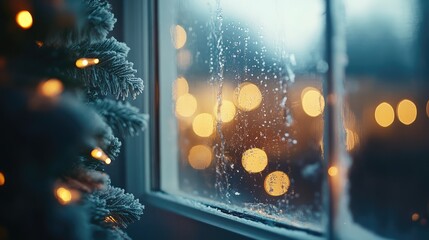 Fototapeta premium An elegant arrangement of glowing Christmas lights on a frosted windowpane, creating a serene holiday scene