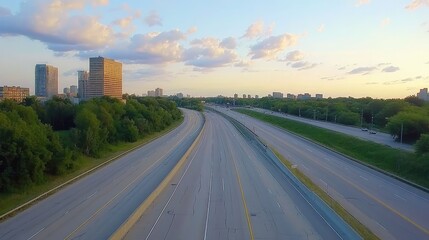 An empty highway at sunset with golden hues lighting the scene and dramatic clouds in the sky, ideal for atmospheric copy space