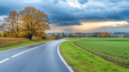 Fototapeta premium An empty highway at sunset with golden hues lighting the scene and dramatic clouds in the sky, ideal for atmospheric copy space
