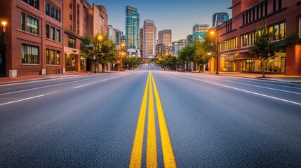 Fototapeta premium An empty urban street at night with neon lights from nearby buildings reflecting on the road, providing a moody and dynamic copy space