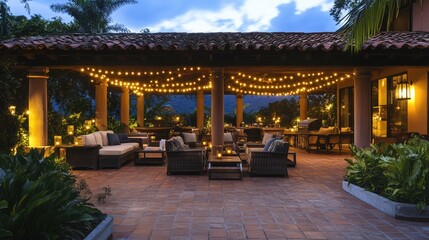 An outdoor patio with glowing string lights draped across the seating area, surrounded by lush greenery