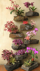 Colorful orchids arranged on stone shelves