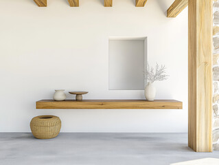 Fototapeta premium Stylish wooden shelf display in a modern minimalist interior setting with natural light
