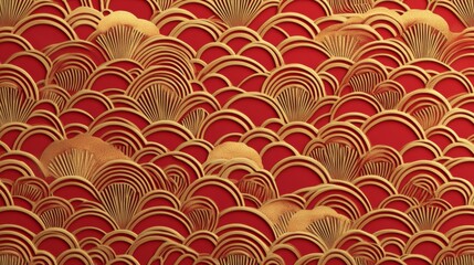 Japanese, Chinese seamless pattern in oriental geometric. 3d festive ornament for lunar Chinese new year decoration. Red and golden abstract pattern. Vector illustration.