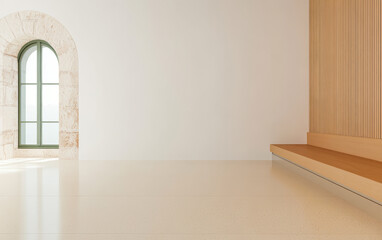 Fototapeta premium Minimalist interior design featuring wooden accents and a large window for natural light
