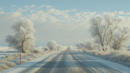 Fototapeta premium A clean, empty snowy highway bordered by frost-covered trees, with ample space in the sky for copy or designs