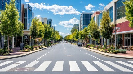Fototapeta premium A clean urban crosswalk with sharp white lines on a wide street, bordered by modern glass storefronts and sidewalk cafes