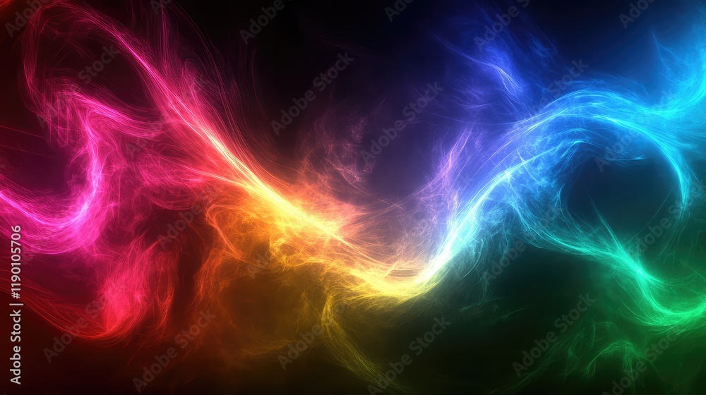 Poster a close-up of colorful light streaks creating abstract patterns in a dark space, with ample space fo