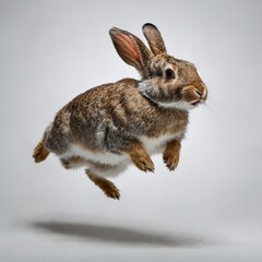 A rabbit mid-hop, caught in motion on a white background.

