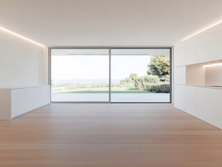 Fototapeta premium Modern interior design featuring large windows and scenic view in a minimalist space